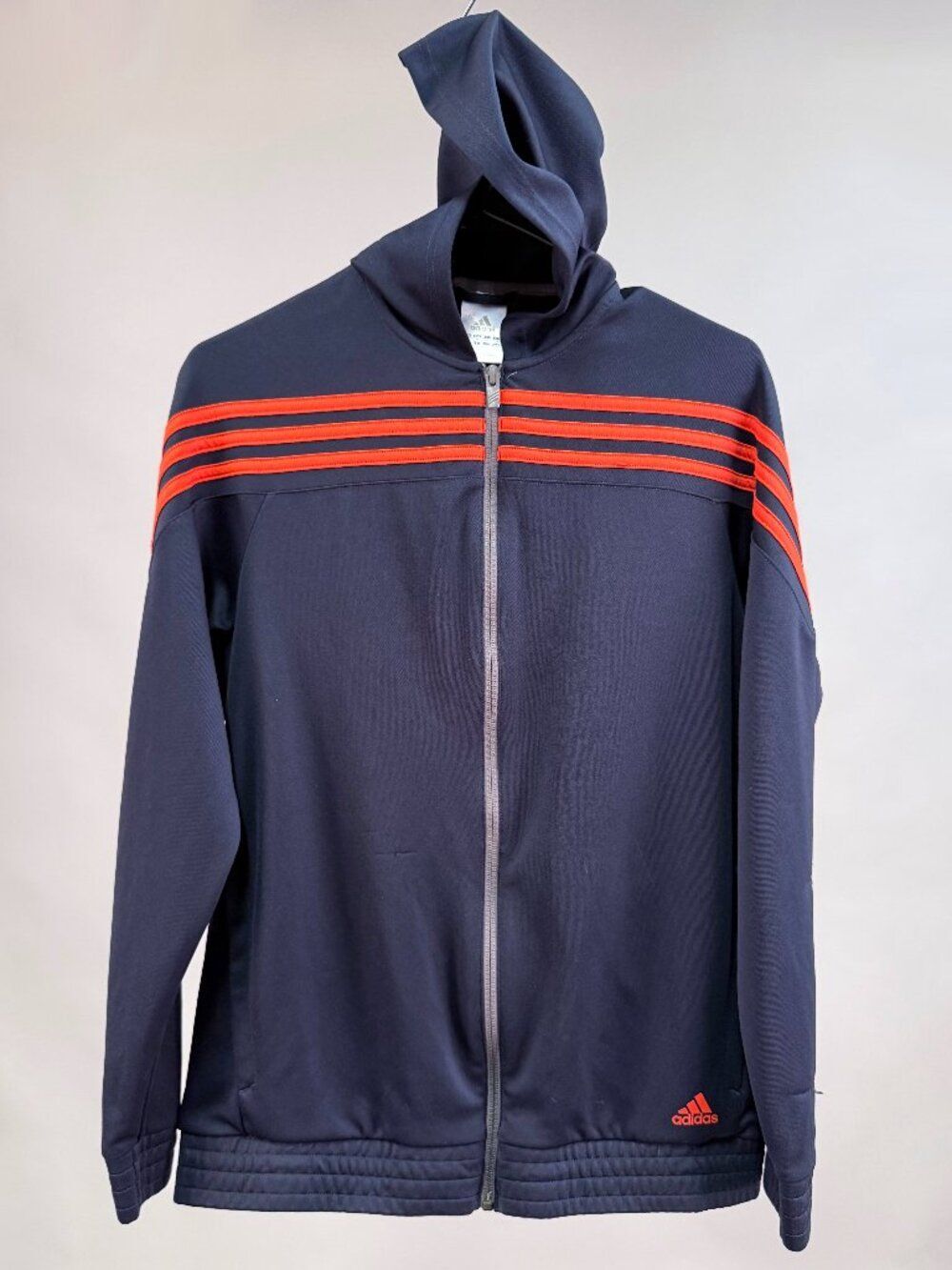Adidas Youth XL Womens M Track Jacket Hooded Full Zip Navy Blue Orange 3 Stripe